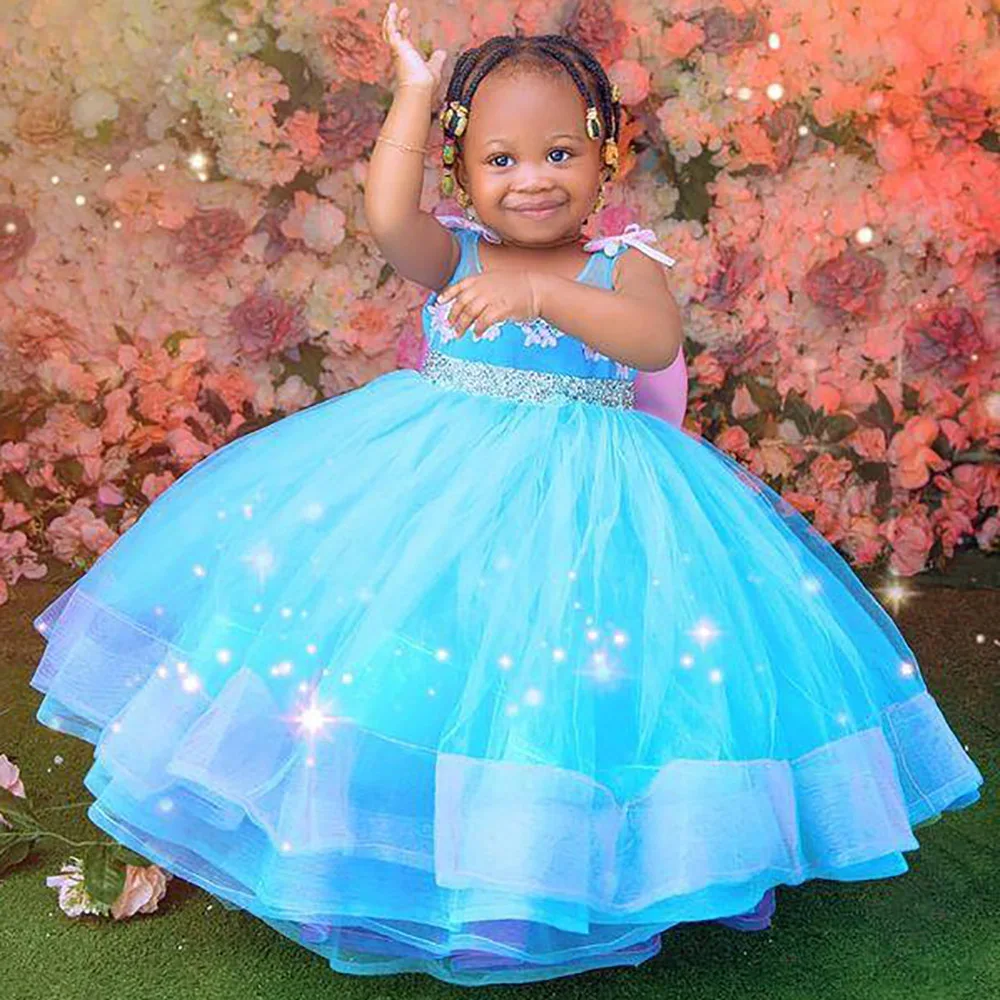 

Lilttle Kids Birthday Pageant Weddding Gowns Lace Sequined Ball Gown Tutu Blue Flower Girl Dresses Fashion Tulle Elegant