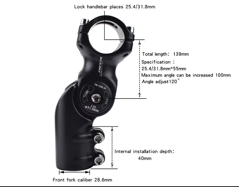 Adjustable Riser Stem for Mountain Bike, Alloy Aluminum Handlebar, 25.4x31.8, Negative Angle 120 Degree Riser