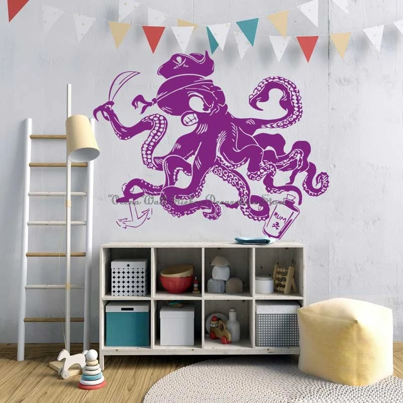 Vinyl wall stickers school octopus pirate captain tentacles nautical kids room baby room decals a unique gift for kids E8