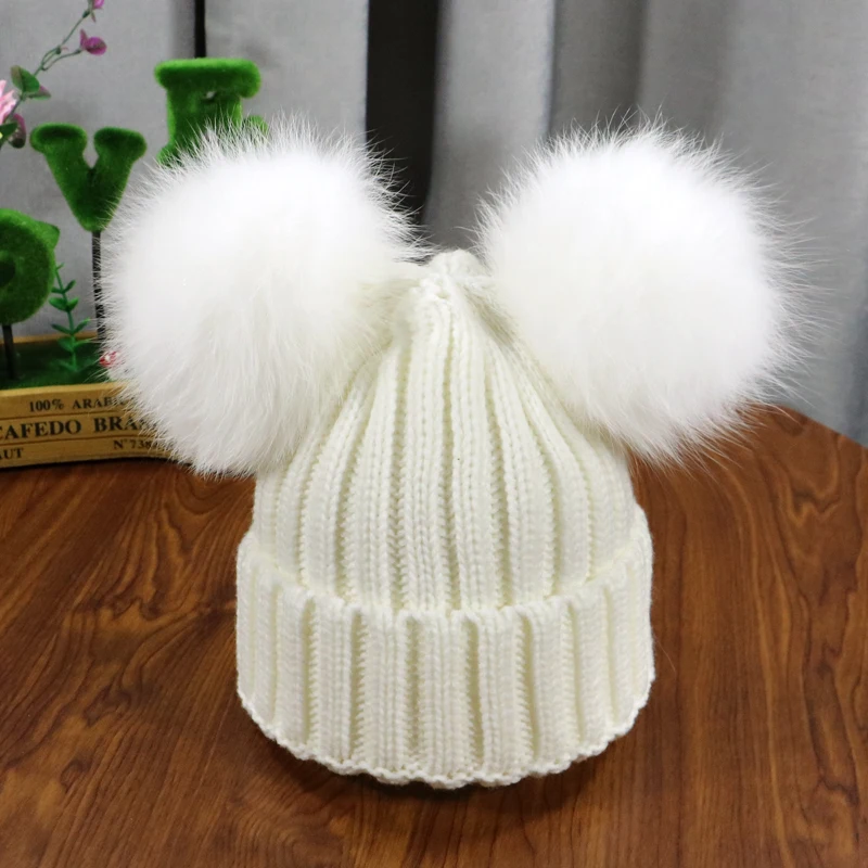 Winter Baby Knit Hat With Two natural Pompoms Boy Girls Natural Fur Beanie Kids Caps Double Real Fur Pom Pom Hat for Children