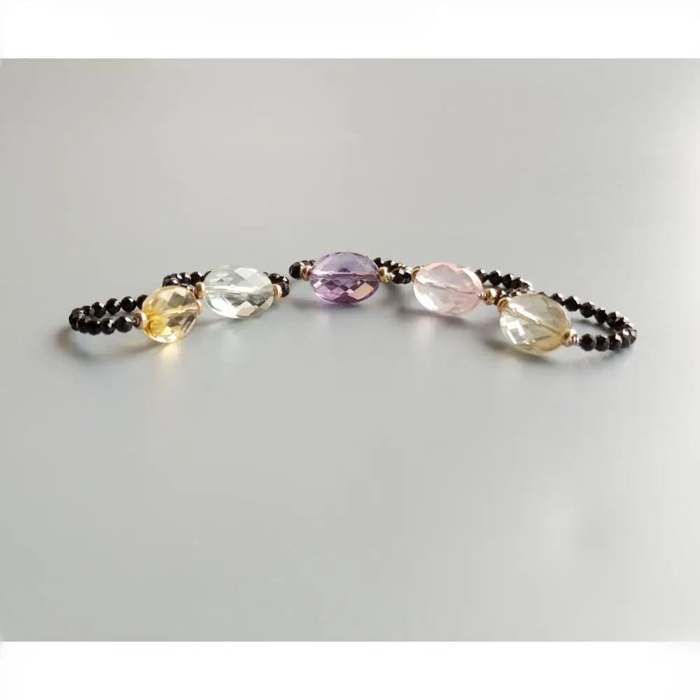 Lii Ji Genuine Stone Black Spinel Green Amethyst Citrine Rose Quartz Amethyst Lemon Quartz  925 Sterling Silver Handmade Ring