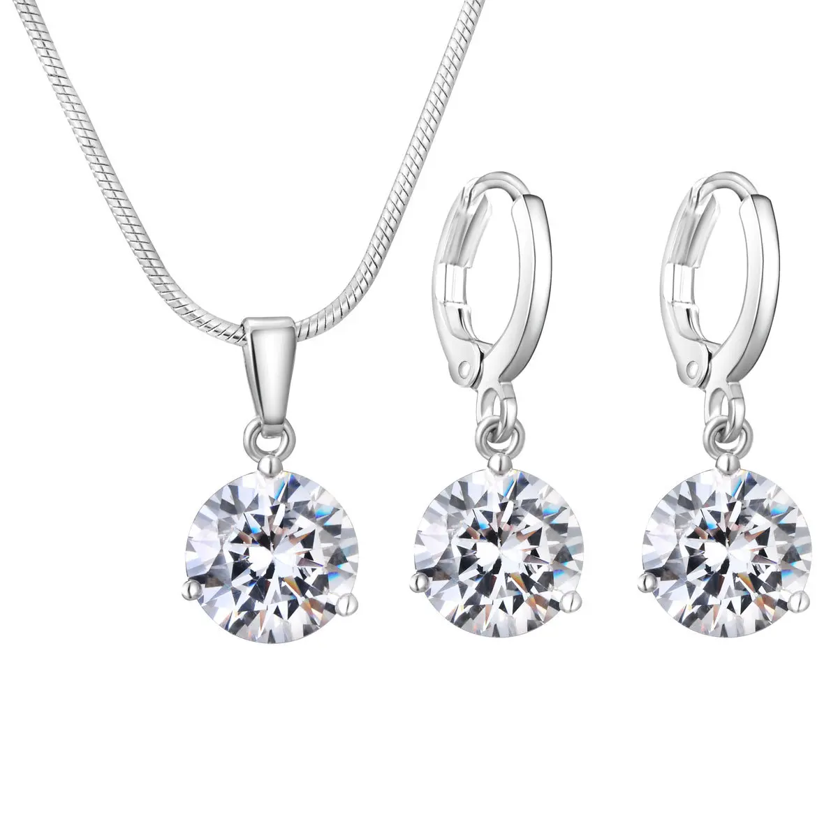 

New Arrival Candy 8 Colors 925 Sterling Silver Round Jewelry Sets Crystal Pendant Collar Necklace Earrings Set For Wedding Party