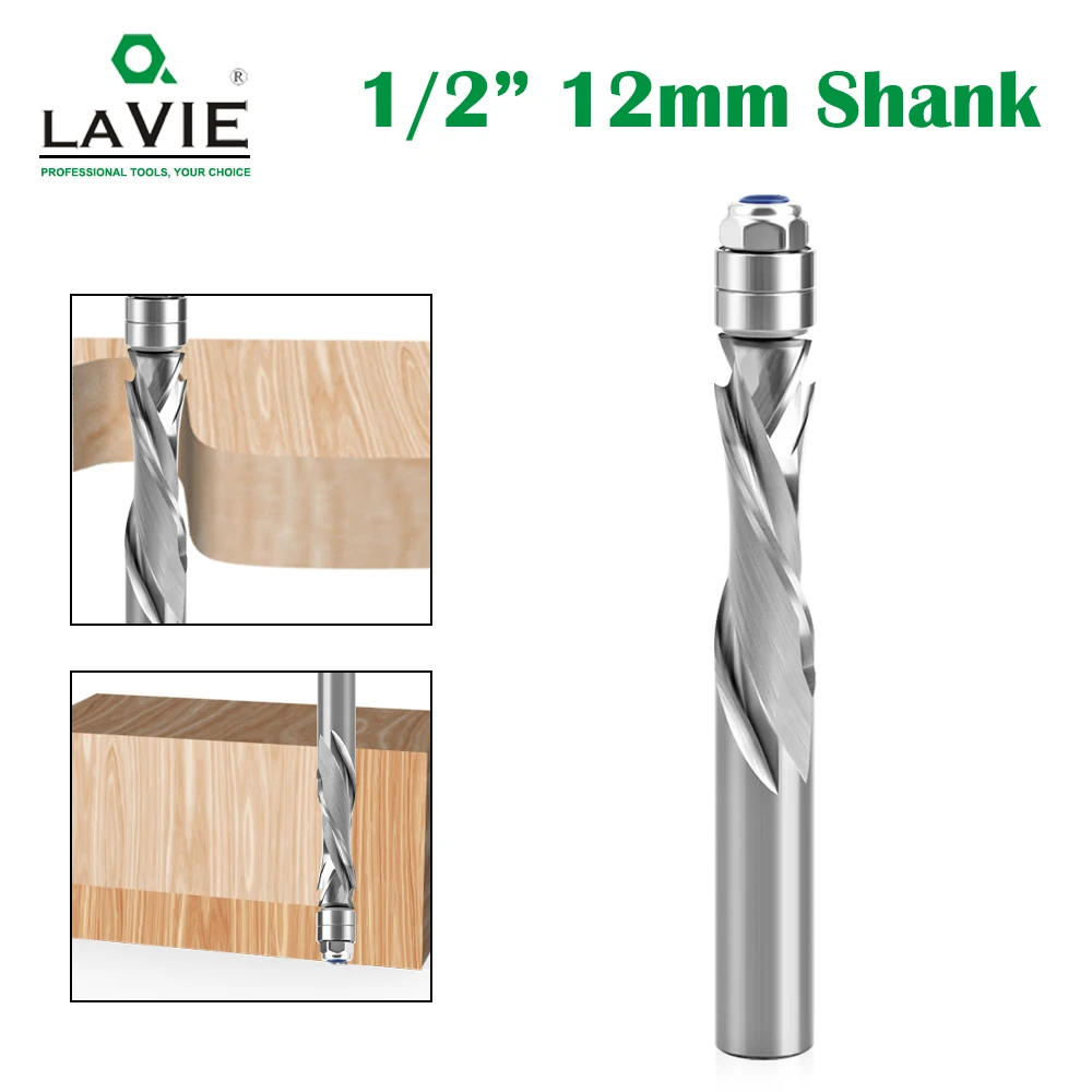 Cnc Router Bit Compressão-cut End Moinho Flush Guarnição Carboneto Sólido Rolamento Superior Espiral Rosto Madeira Fresa 12 mm 2