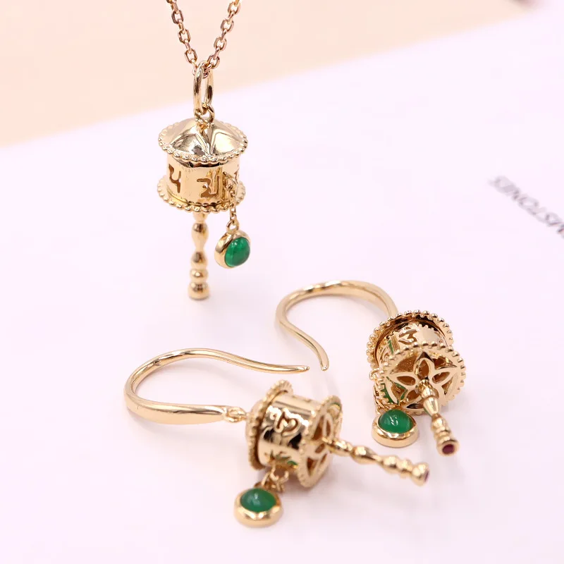 Tibetan Six-character Mantra Prayer Wheel Necklace and Earrings