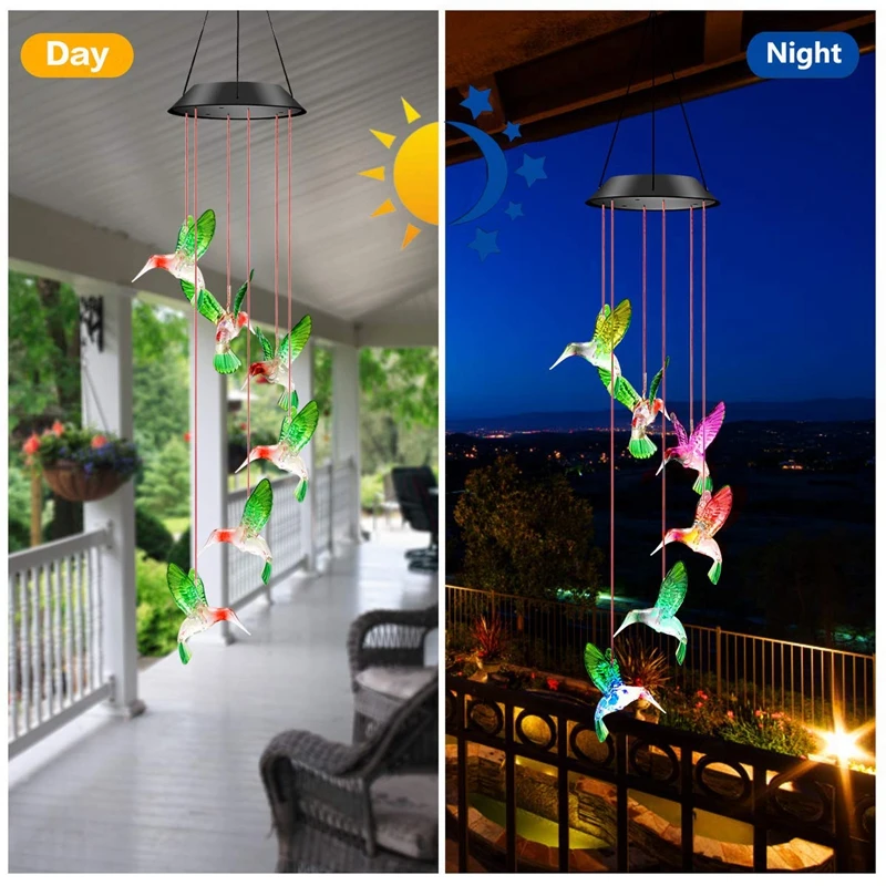 LED Solar Wind Chime Crystal Ball Hummingbird Wind Chime Light Color Changing Waterproof Hanging Solar Light For Home Garden