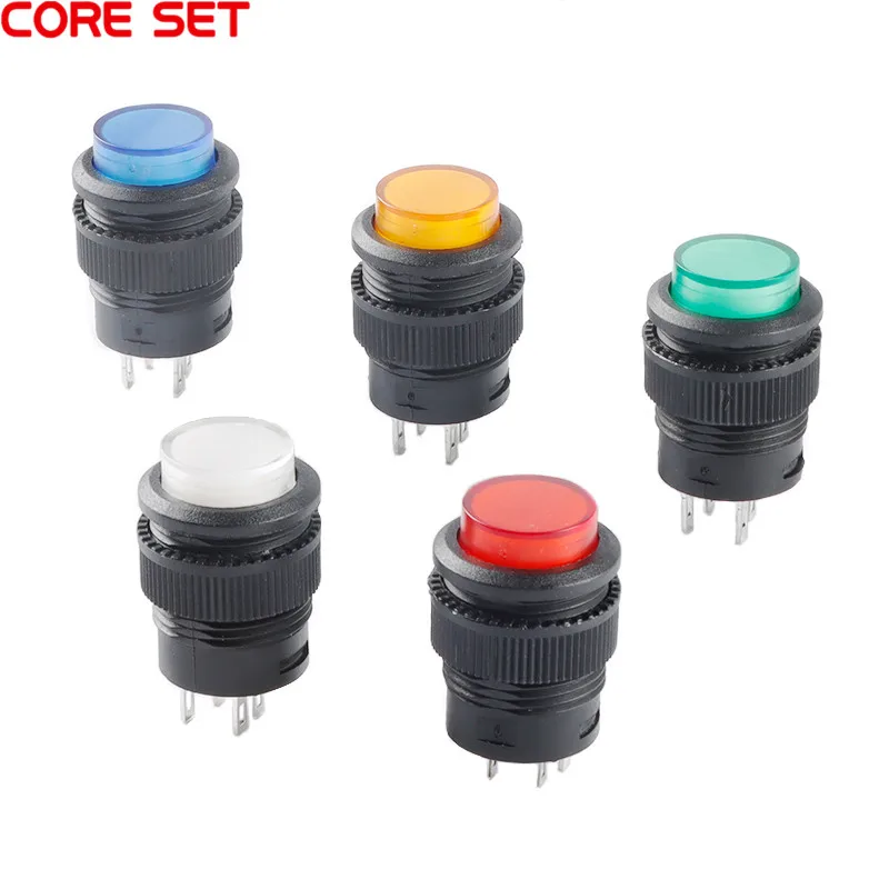 5 sztuk R16 przycisk przełącznika zasilania R16-503, niebieski, żółty i biały LED R16-503B R16-503A zatrzaskowy przycisk Reset 2P 4P Self-lock bez blokady Reset