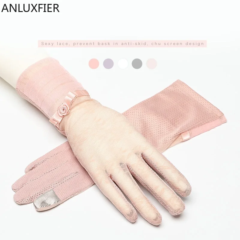 H10041 Women Sunscreen Gloves Lace Thin Summer Touch Screen Mittens Middle Long Outdoor Driving Breathable Antiskid Hand Muff