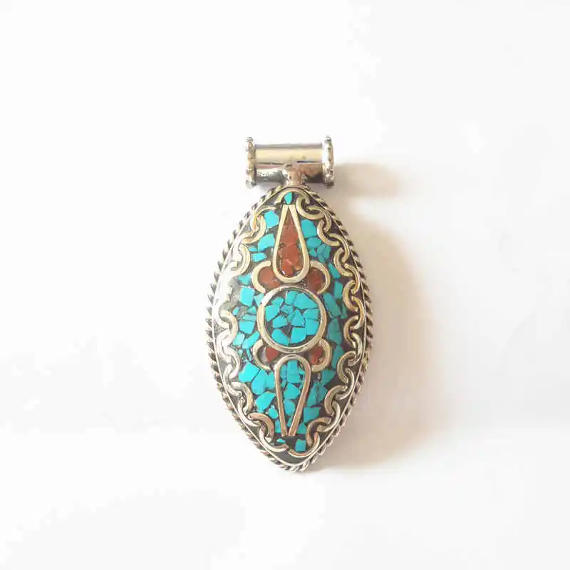 TBP027 Tibetan Jewelry Pendants White Metal Copper Inlaid Colorful Stone Flower Pendants from Nepal