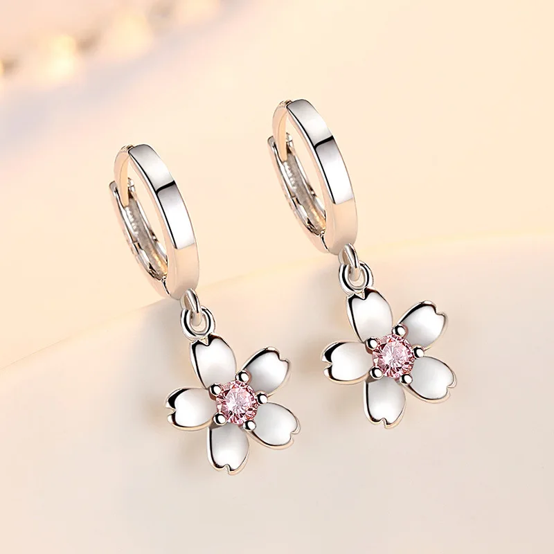 Boucles d'oreilles en Zircon rose/blanc pour femmes, Simple, en argent 925, bijoux en forme de fleurs de cerisier, tendance