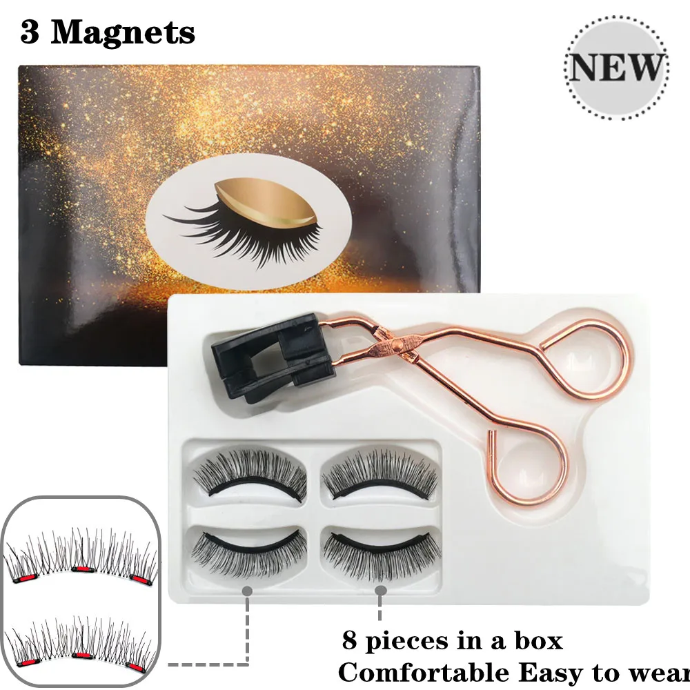 New 2 Pairs 8PCS 3D Natural Magnetic Eyelashes , Handmade Reusable Magnetic False Eyelashes With 3 Magnets Magnetic Eyelashes