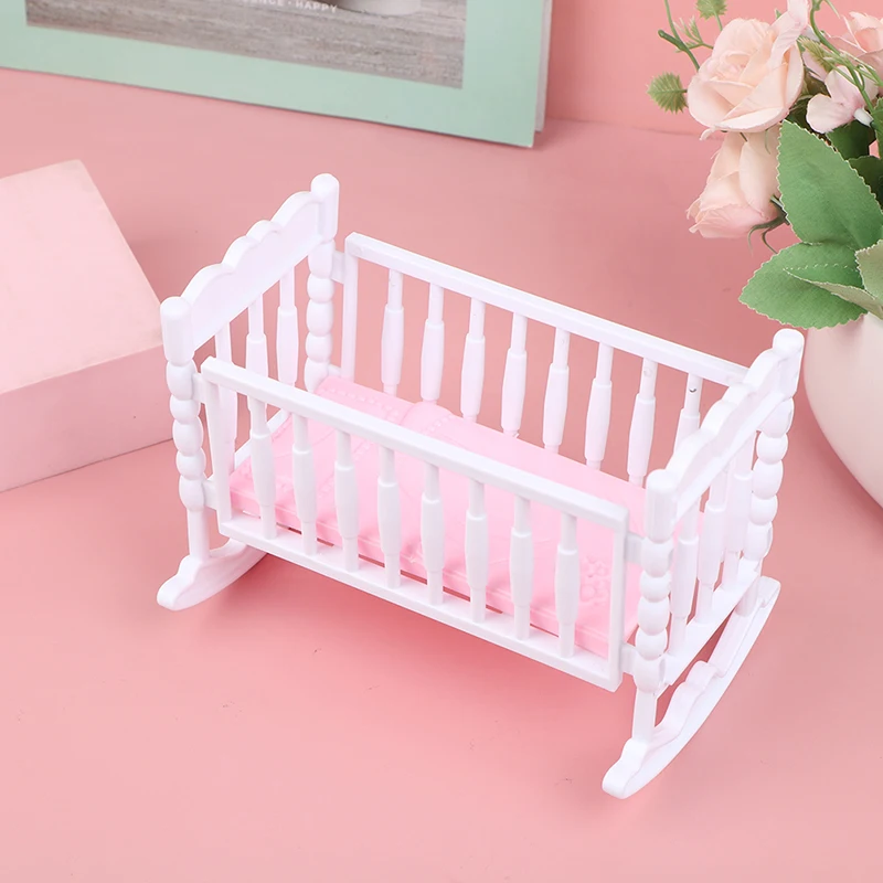 1 Pc 14 * 9 * 10.5 cm Doll House Light Pink White Baby Doll Shaker Toy Accessories Bed Cradle Crib