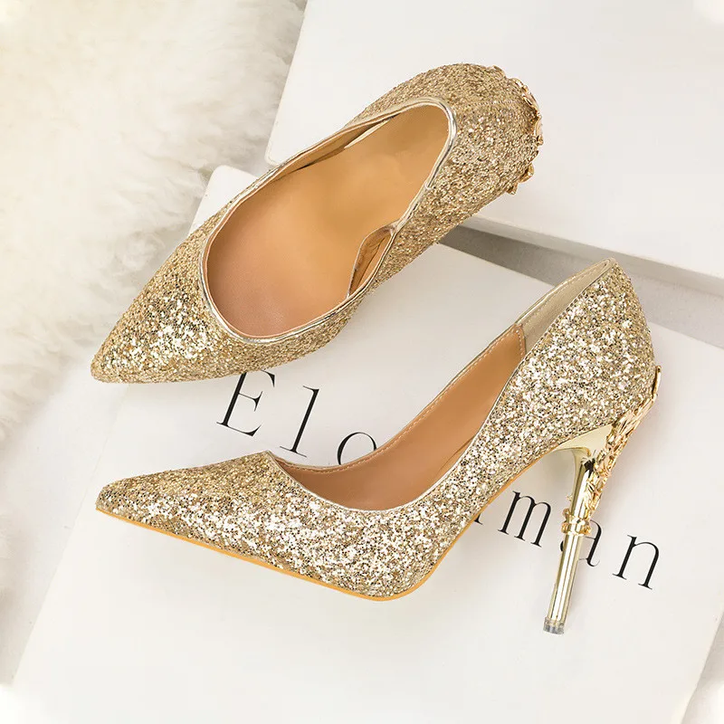 Fashion Metal Carved Heel Shallow Women Pumps 2025 Sequined Cloth Pointy Toe High Heels Red Gold Silver Wedding Shoes Party Sexy