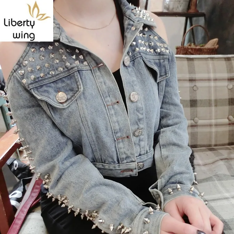 

New Spring Autumn Womens Short Jean Sexy Off Shoulder Punk Rivet Coats Female Slim Fit Single Breasted Denim Jacket