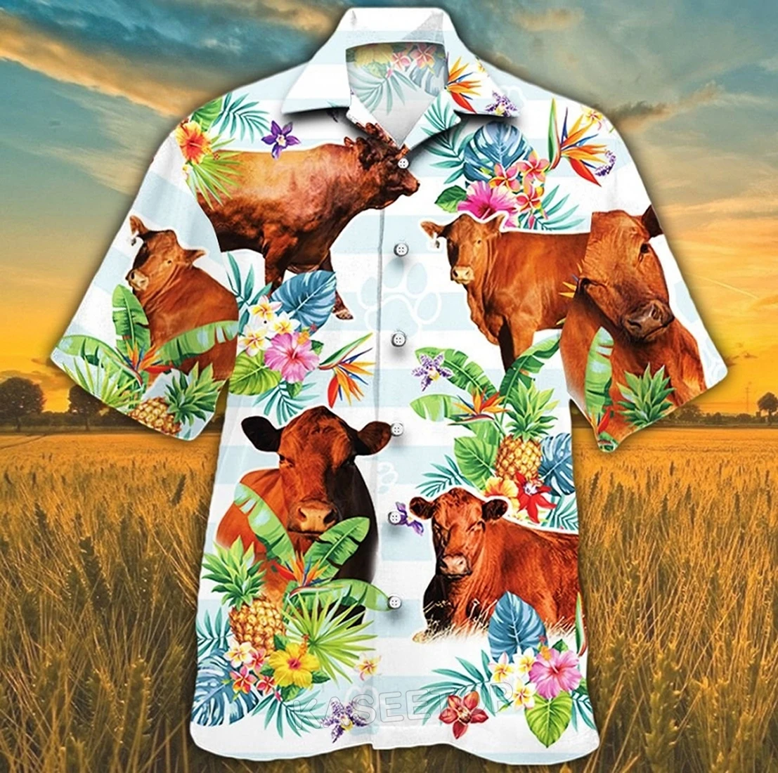 Summer Mens Beach Short Sleeve Red Angus Cattle Lovers Floral Aloha Shirt 3D Printed Hawaiian Shirt Casual Button Wild Blouses