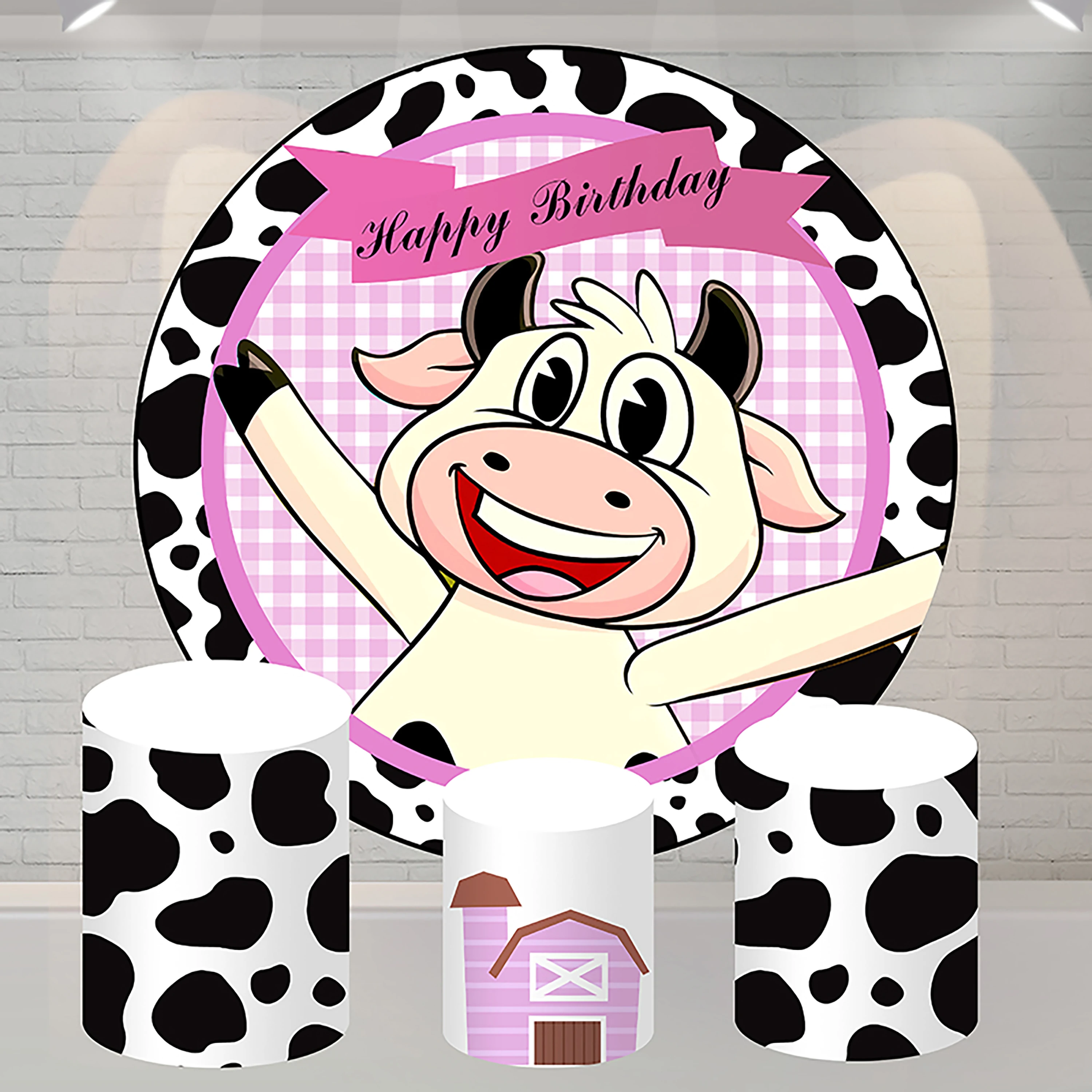 

Circle Round Backdrop Pink Farm Party Banner Decoration for Girl Birthday Cartoon Cow theme Background for Photo Studio Cover