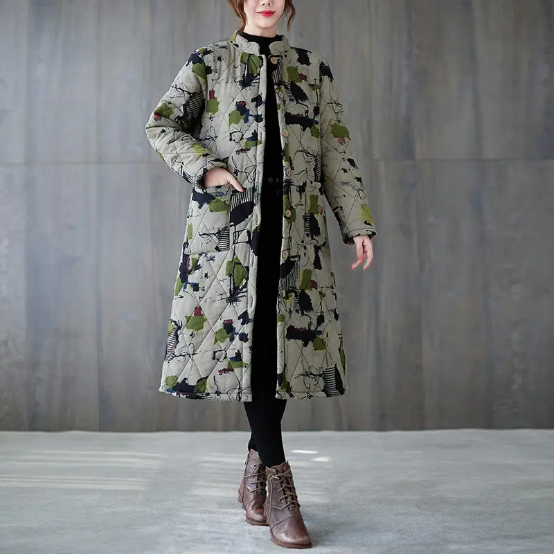 Retro Ethnic Style Long Winter Jacket Women Cotton And Linen Plus Velvet Quilted Cold Proof Stand Up Collar Casual Coat M1612