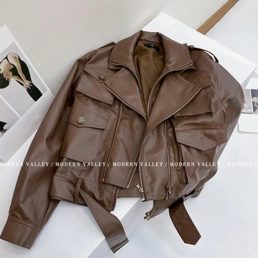 Autumn winter 2023 new vintage thick PU leather jacket for women fashion lapel pocket short motorcycle Biker faux leather jacket