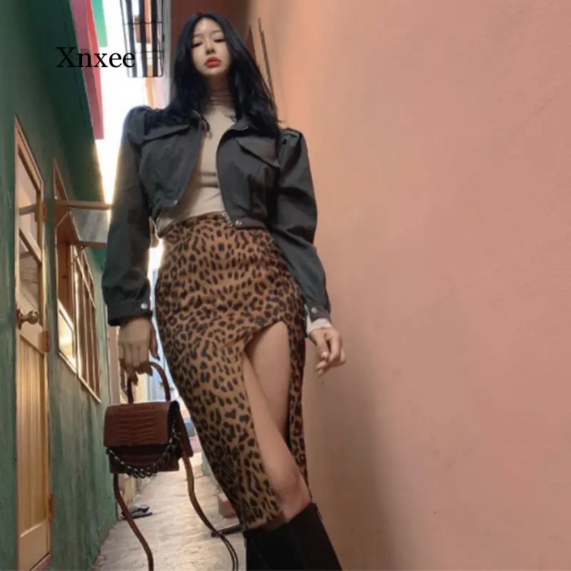 Women Skirt Slim High Waist Split Y2K Gothic Casual Elegant Leopard Knee-Length Skirt Women Autumn Sexy Party Streetwear