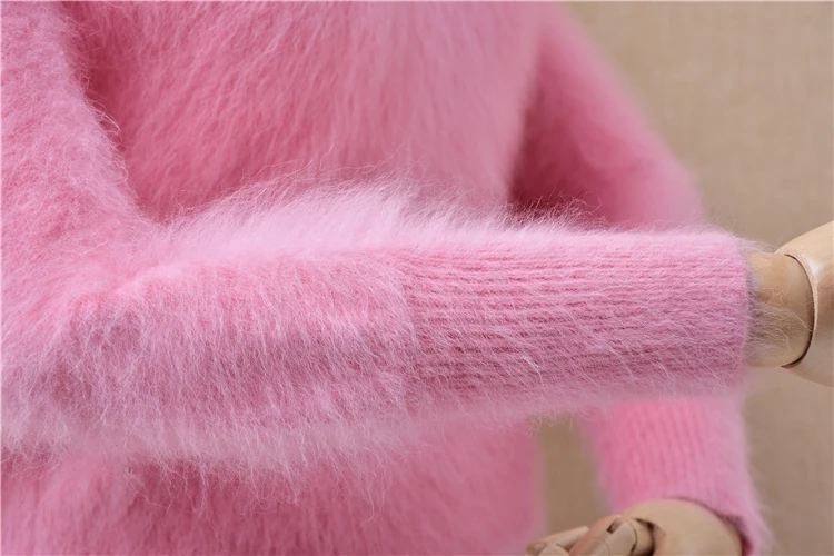 women sweater PINK sweet winter mink cashmere pure soft angora rabbit fur made o-neck slim sweaters pullovers