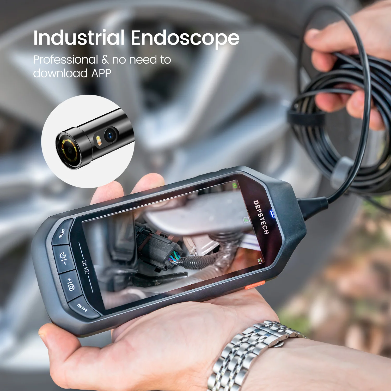 DEPSTECH Industrial Borescope 1080P Dual Lens 4.5in IPS Screen Endoscope with Torch light/ 7 LED Lights/ 32GB TF for Car Sewer