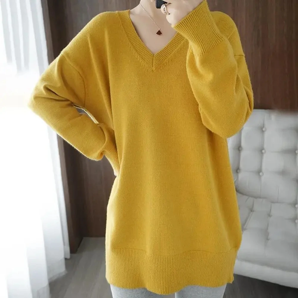 Autumn Women V Neck Oversize Sweater Gray Black White Solid Loose Long Sweaters For Women Knitted Pullover Female Basic Top