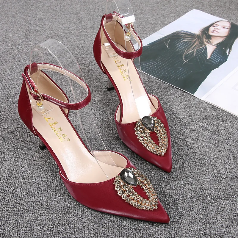 

Fashion 2023 Summer Women's Sandals Silk Rhinestones Buckle Strap 6CM 8CM Thin High Heels Pointed Toe Shallow Back Strap shoes