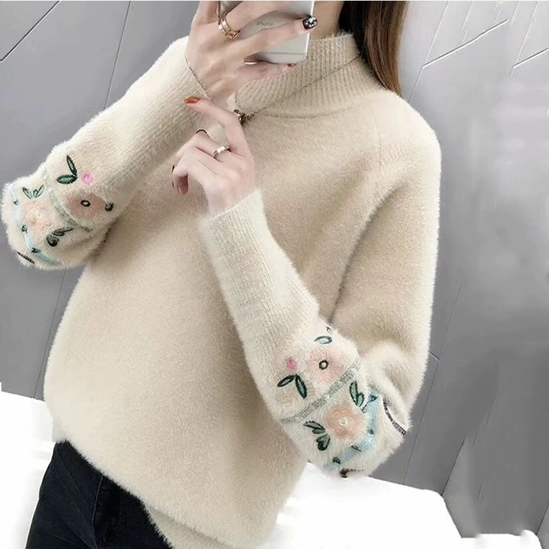 

Свитер из искусственной норки, куртка для женщин, модный свободный свитер из плотной вязки с вышивкой, женская осенняя рубашка, топы, женские