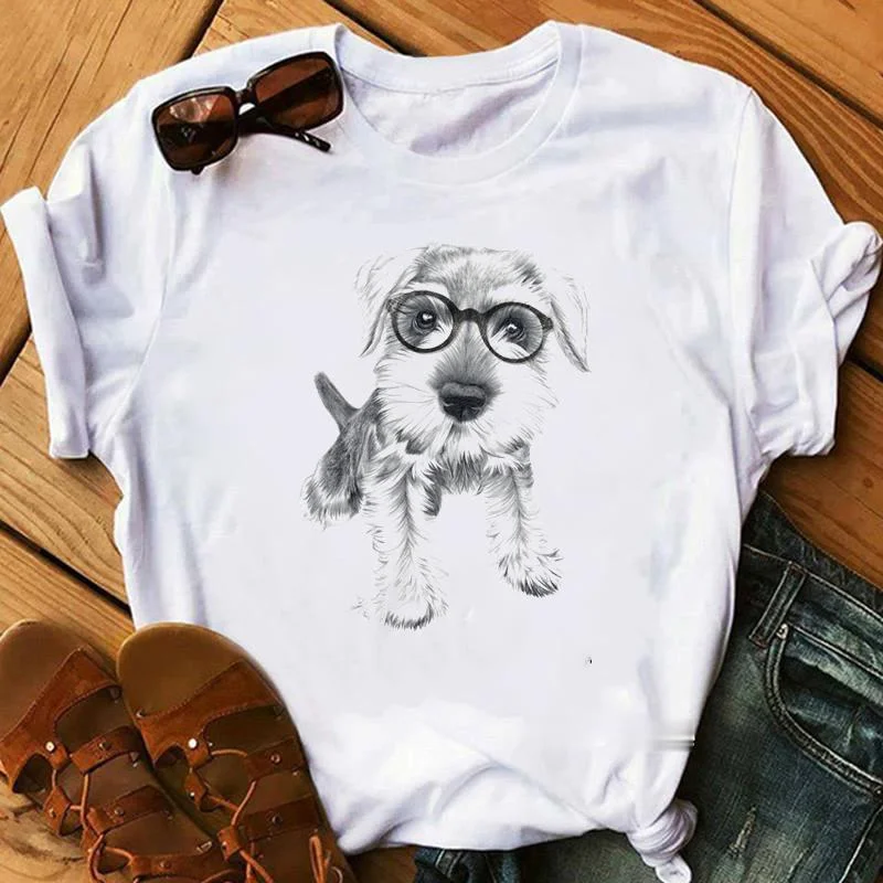 Schnauzer/seymour/yorkshire terrier/chihuahuas/retriever/pomeranian/papillon cão vintage retrato impressão mulher verão t camisa