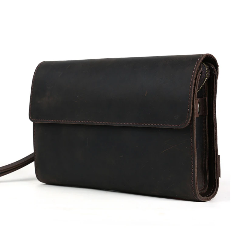 Bolso de mano de cuero genuino para hombre, cartera de mano de alta calidad, Estilo Vintage, Crazy Horse, grande