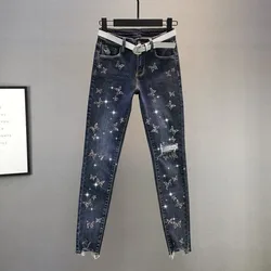 Pantalones vaqueros de cintura alta para mujer, Jeans rasgados con cuentas de mariposa, Jeans elásticos informales, pantalones de lápiz lavados para mujer