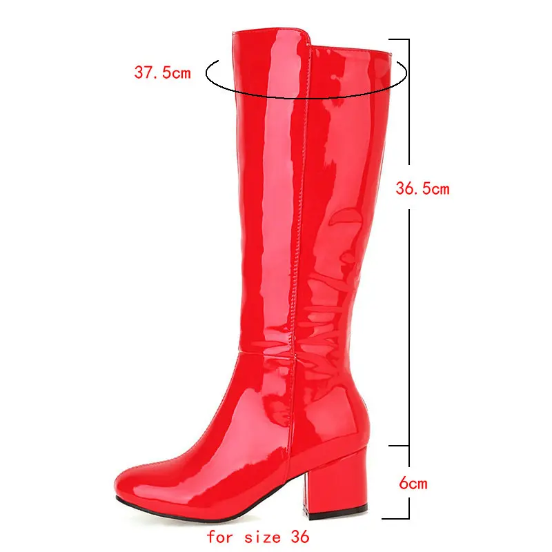 Black White Red Women Knee High Boots Patent PU Leather Square Heel Round Toe Ladies Modem Boots Short Plush Fall Winter Boots