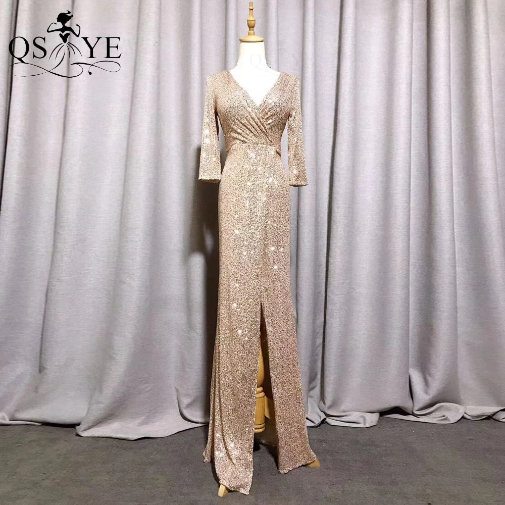 QSYYE Sparkle Gold Evening Dress Fit Mermaid Long Sleeves Evening Gown Glitter V Neck Split Party Dress Sequin Formal Gown 2021