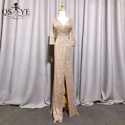 QSYYE Sparkle Gold Evening Dress Fit Mermaid Long Sleeves Evening Gown Glitter V Neck Split Party Dress Sequin Formal Gown 2021