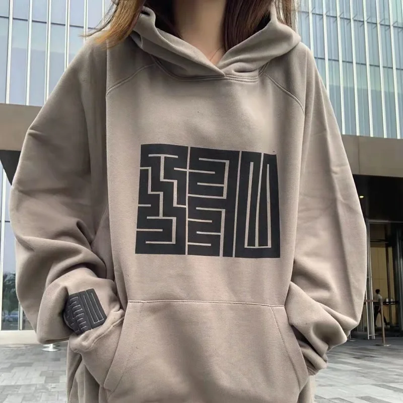 

Women Hoodies Sweatshirt Fleece 30%Cotton Tracksuit Sports Casual Loose-fitting Print Maze HighStreet Pullover with Hood Stitch