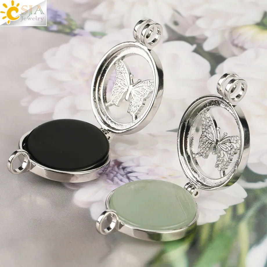 CSJA Natural Stone Healing Pendant Butterfly Hollow Locket Aromatherapy Essential Oils Diffuser Necklaces for Women Jewelry G279