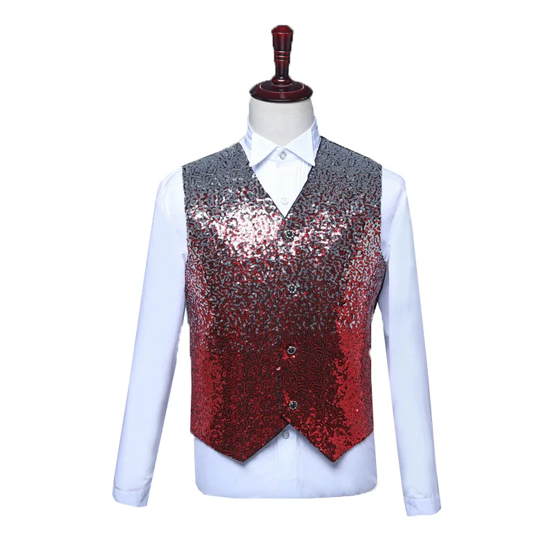 Mens Slim Fit Sequins Paillette Vests V-Neck Shiny Party Dress Suit Vest Men DJ Club Stage Singer Vest Waistcoat Gilet Homme 3XL