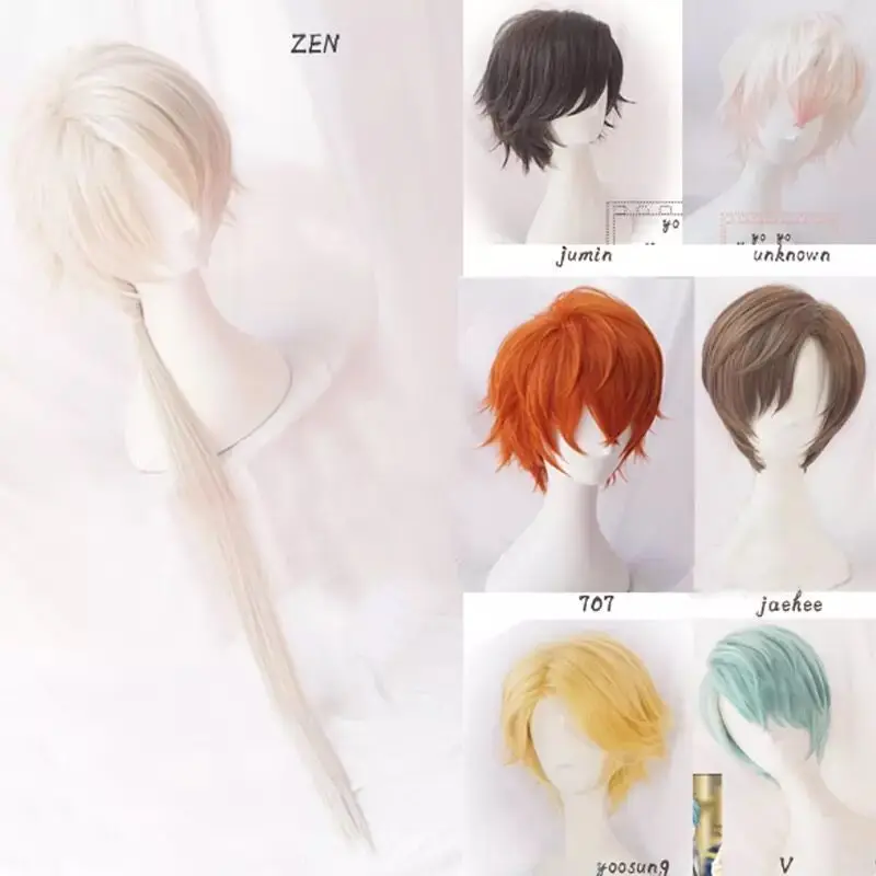 707 Cosplay Mystic Messenger Cosplay Wigs Jumin Unknown Jaehee Yoosung Zew Short Red Blond Green Heat Resistant Synthetic Hair