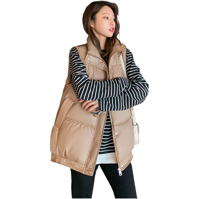 

2021 Winter Stand Collar Casual Vests Women Fashion Coats Women Elegant Straight Simple Vests Female Sleeveless Ladies Waistcoat