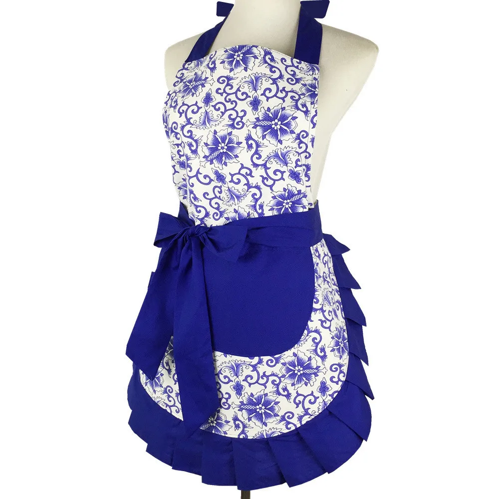 Lovely Vintage Blue Wavy Stripe Floral Ruffle Side Kitchen Cooking Apron with Pocket Gift for Women Girls Housewarming