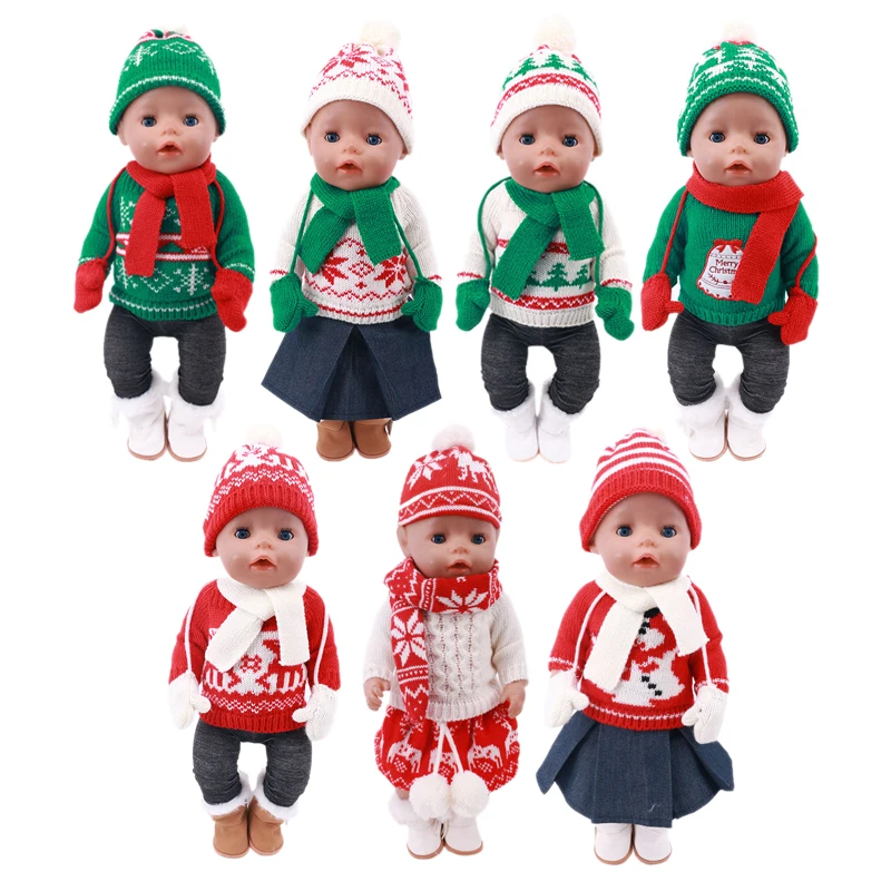 Christmas  Doll Hat+Clothes+Scarf+Gloves Fit 18 Inch American&43CM Reborn Baby New Born Doll ,Girl's Russia Doll DIY Gifts