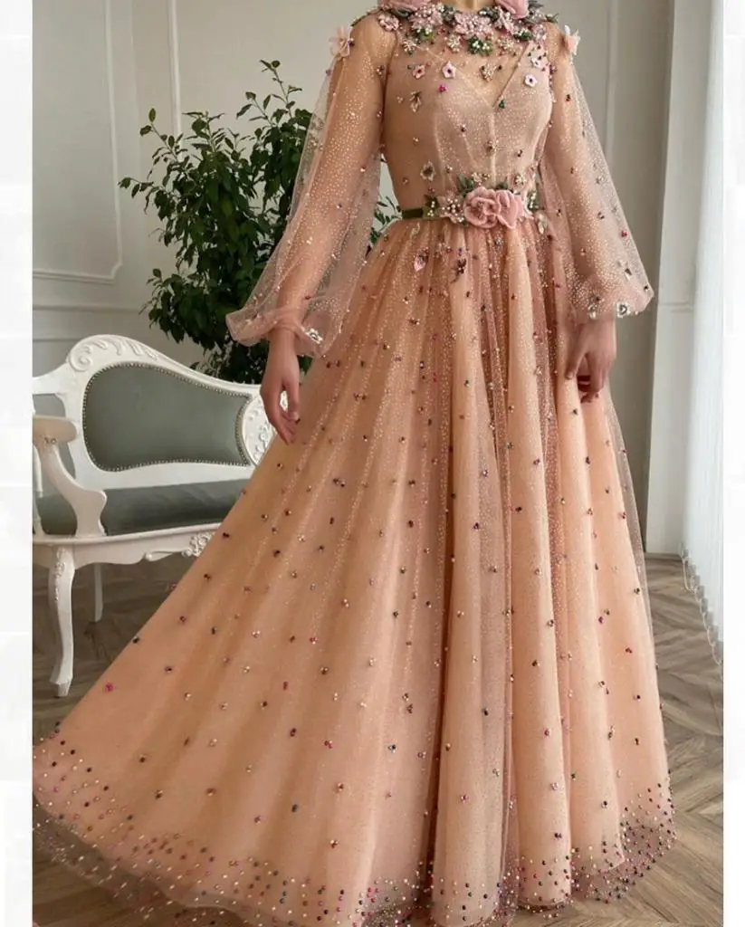 

Moroccan Muslim Evening Dresses A-line Long Sleeves Tulle Flowers Pearls Long Luxury Turkey Dubai Saudi Arabia Prom Dress Gown