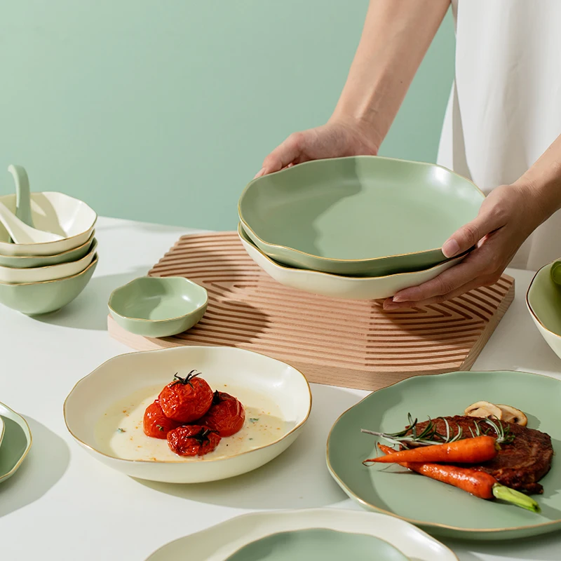 Irregular Shape Matte Gilt Rim Green Or Beige Porcelain Dinner Plate Ceramic Tableware Food Dishes Rice Salad Noodles Bowl 1Set