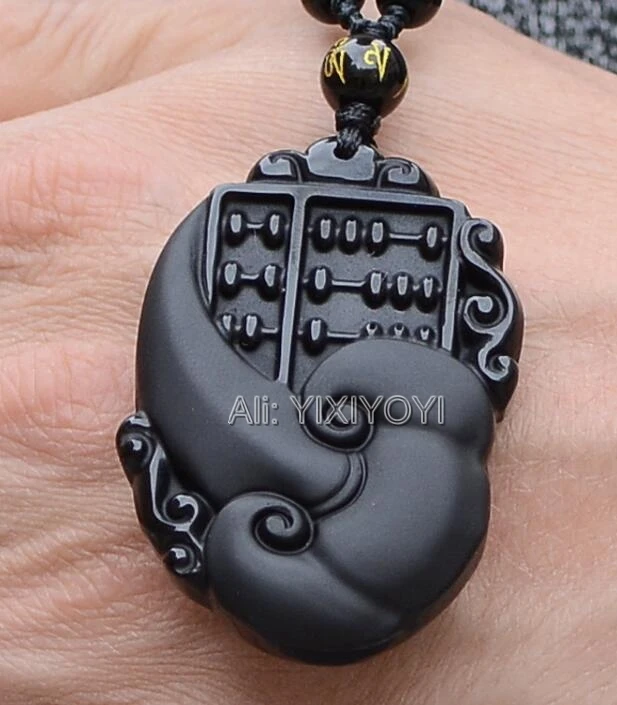 Beautiful Natural Black Obsidian Carved Chinese Blessing RuYI Abacus Lucky Amulet Pendant + Free Necklace Fine Jewelry