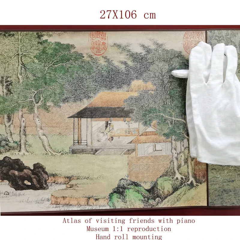 Ancient China Ming dynasty Chou Ying Atlas of visiting friends with piano Museum 1:1 reproduction Hand roll mounting 27X106 cm x