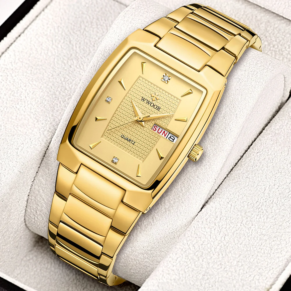 WWOOR 2024 New Design Luxury Watch Men Gold Square Quartz Wristwatches Business Waterproof Automatic Week Date Relogio Masculino