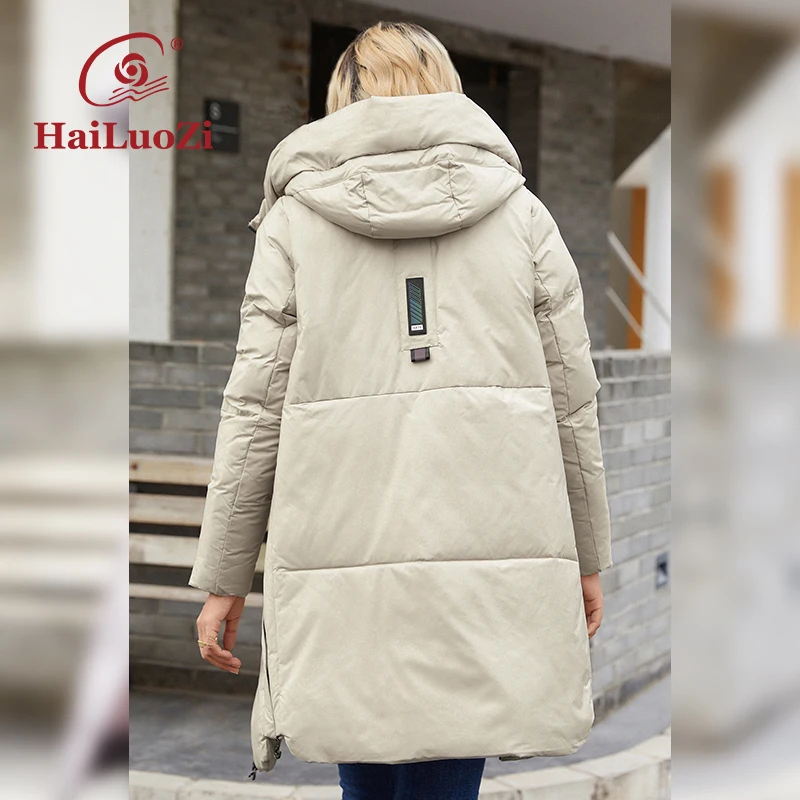 HaiLuoZi-abrigo largo y grueso con cremallera lateral para mujer, chaqueta con capucha de alta calidad, de algodón bio-algodón, Parka de longitud