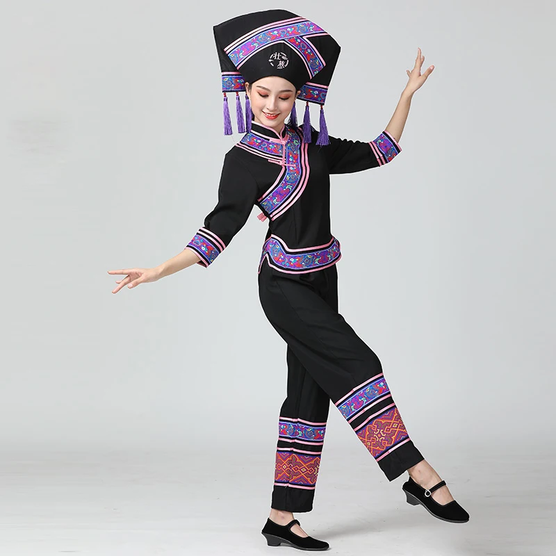 HuNan tujia miao Outfit Hat + Jacket + Pants Guangxi zhuang Garment minority dance dress Lady Enthnic Vacation party costume