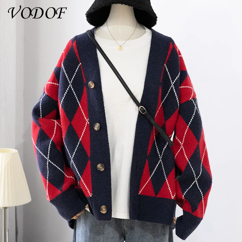 VOCOF 2021 Women's Sweaters Winter Spring Plaid V-Neck Cardigans Button Puff Sleeve Checkered Oversize Sweater Tops