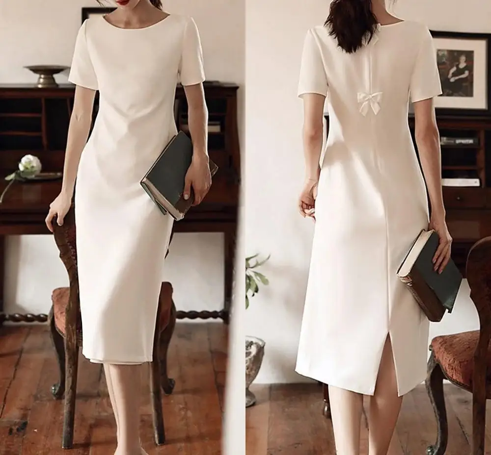 

Elegant White Jewel Short Sleeve Tea Length Formal Evening Dres Sheath Satin Prom Party Gown Bow Graduation vestidos de noiva