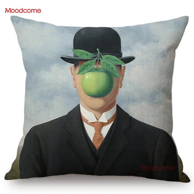 Belgium Artist Rene Magritte Surrealism Oil Painting Green Apple Son of Man Modern Art  Pillow Case Cotton Linen Cushion Cover